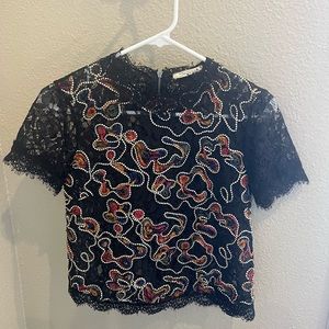 Zara TRF Black Embroidered Lace Shirt Blouse with Beaded Detailing